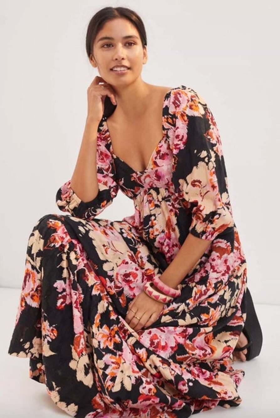 Anthropologie Blossom Maxi Dress Size S Black Floral Print Pockets